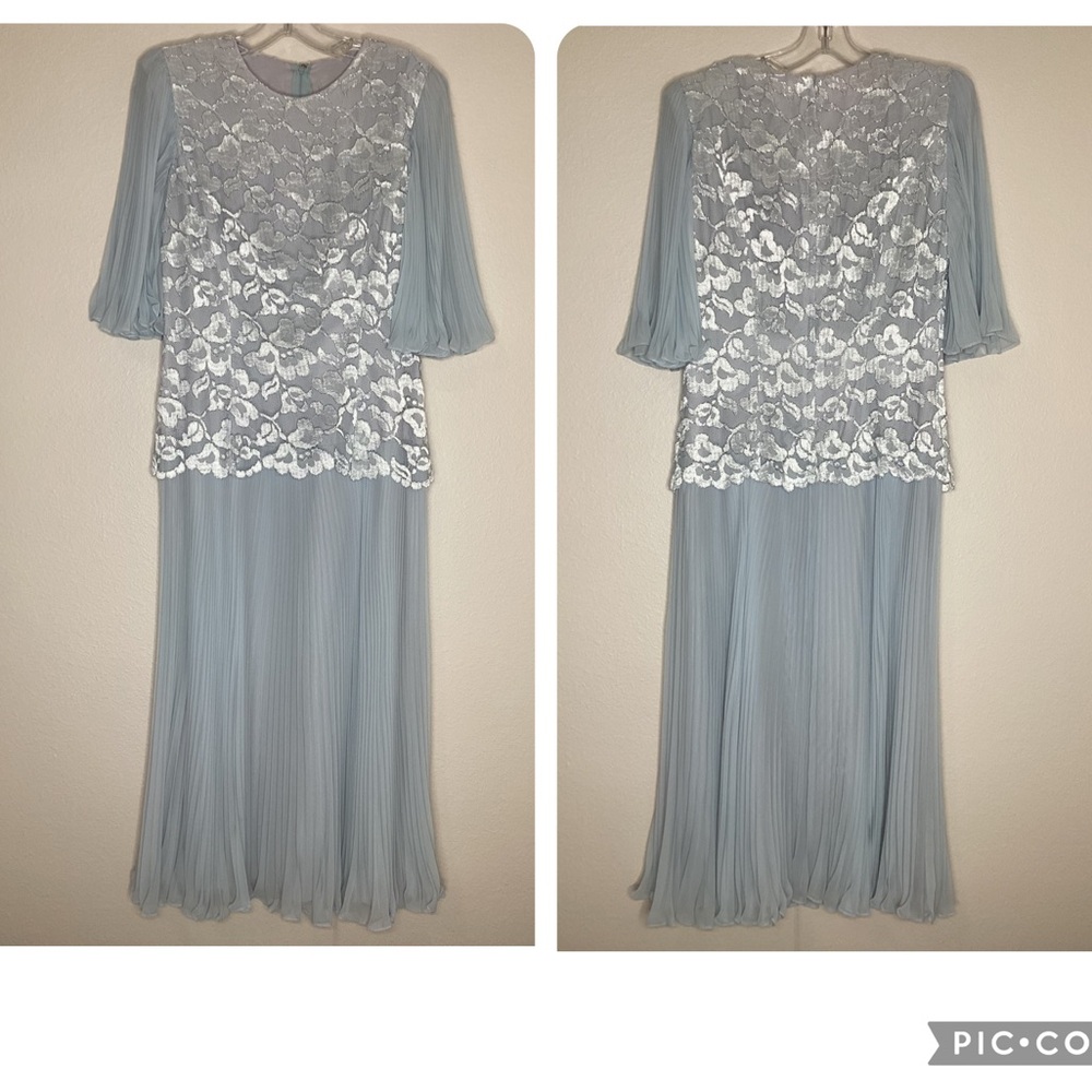 Vintage Miss Elliette Icy Blue Pleated Midi Dress Lace USA Sz 6